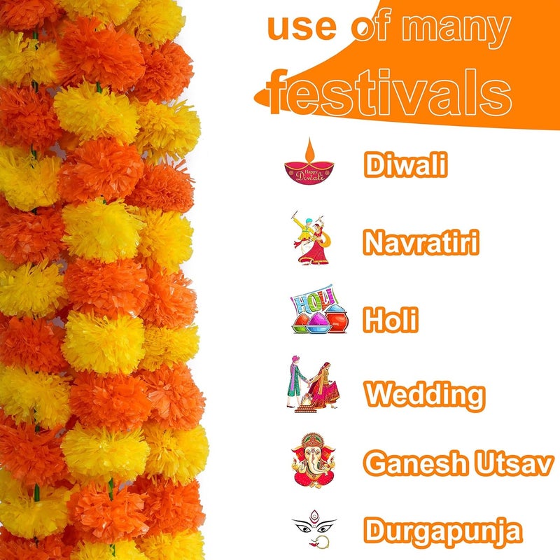 Caneuf Genda Phool Yellow Dark Orange Artificial Marigold Fluffy Flower Genda Phool Garlands String for Diwali Navratri Durga Pooja Festival Office Decoration Pack of 15 Multicolour - Image 2
