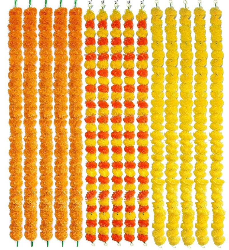 Caneuf Genda Phool Yellow Dark Orange Artificial Marigold Fluffy Flower Genda Phool Garlands String for Diwali Navratri Durga Pooja Festival Office Decoration Pack of 15 Multicolour - Image 1