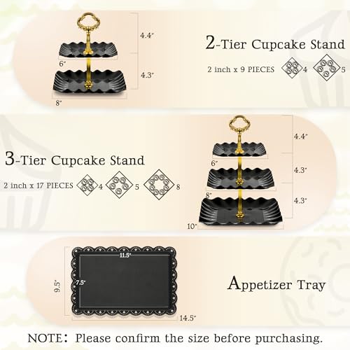 NWK 5 Piece Cake Stand Set with 2 x 3-Tier Cupcake Stands, 1 x2-Tier Cupcake Stands, 2 x Appetizer Trays, for Wedding Birthday Baby Shower Tea Party Decorations (Black) - Image 2