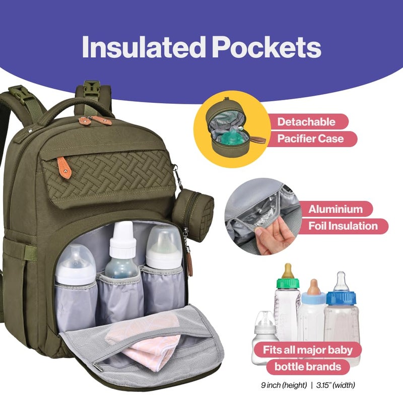 BabbleRoo Diaper Bag Backpack, Travel Backpack with Changing Pad, Pacifier Case & Stroller Straps, Multifunction, Waterproof, Unisex – Army Green - Image 4