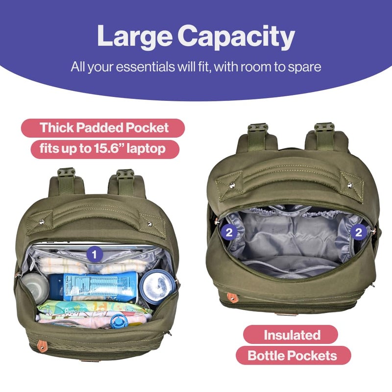 BabbleRoo Diaper Bag Backpack, Travel Backpack with Changing Pad, Pacifier Case & Stroller Straps, Multifunction, Waterproof, Unisex – Army Green - Image 3