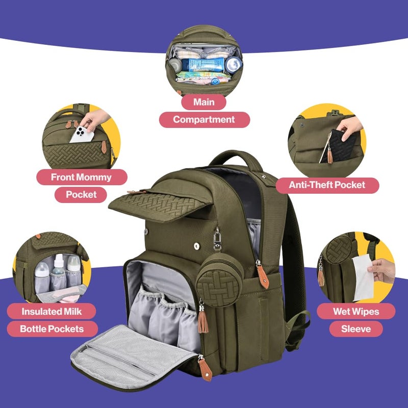 BabbleRoo Diaper Bag Backpack, Travel Backpack with Changing Pad, Pacifier Case & Stroller Straps, Multifunction, Waterproof, Unisex – Army Green - Image 5