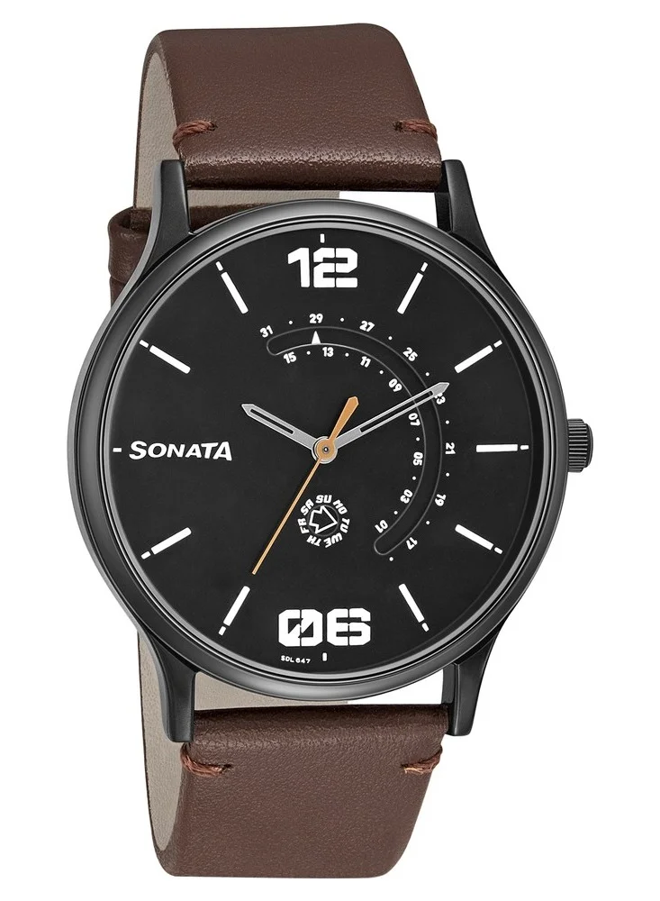 Sonata Leather Band Analog Wrist Watch 77105NL01 42mm Brown