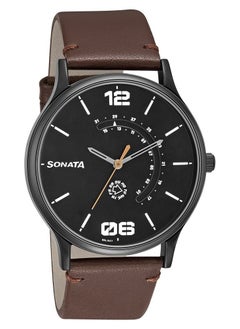Sonata Leather Band Analog Wrist Watch 77105NL01 42mm Brown  - Image 2