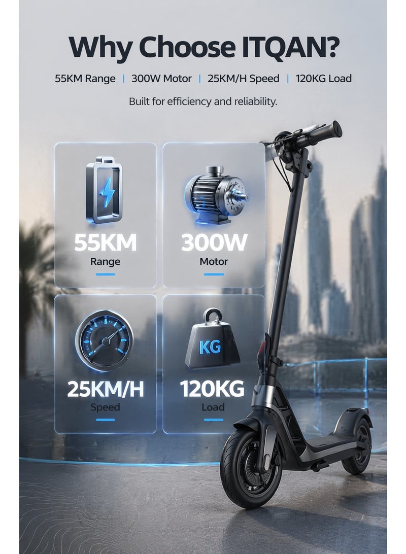 ITQAN RASEEL  Electric scooter with a 300W motor, maximum speed 25km/h (3-speed mode), 11-inch tires, 36V/10.4Ah dual suspension/hydraulic disc brake electric vehicle, LED headlight, all-terrain, easy to fold, portable commuter electric scooter, suitable for adults and teenagers, 15kg aluminum alloy frame, can support up to 120kg, urban transportation tool, no seat - Image 3