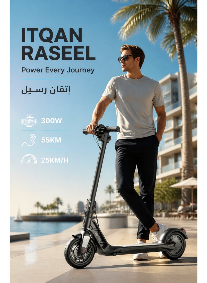 ITQAN RASEEL  Electric scooter with a 300W motor, maximum speed 25km/h (3-speed mode), 11-inch tires, 36V/10.4Ah dual suspension/hydraulic disc brake electric vehicle, LED headlight, all-terrain, easy to fold, portable commuter electric scooter, suitable for adults and teenagers, 15kg aluminum alloy frame, can support up to 120kg, urban transportation tool, no seat - Image 2