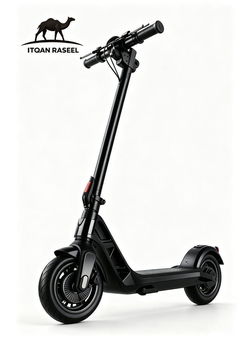 ITQAN RASEEL  Electric scooter with a 300W motor, maximum speed 25km/h (3-speed mode), 11-inch tires, 36V/10.4Ah dual suspension/hydraulic disc brake electric vehicle, LED headlight, all-terrain, easy to fold, portable commuter electric scooter, suitable for adults and teenagers, 15kg aluminum alloy frame, can support up to 120kg, urban transportation tool, no seat - Image 1