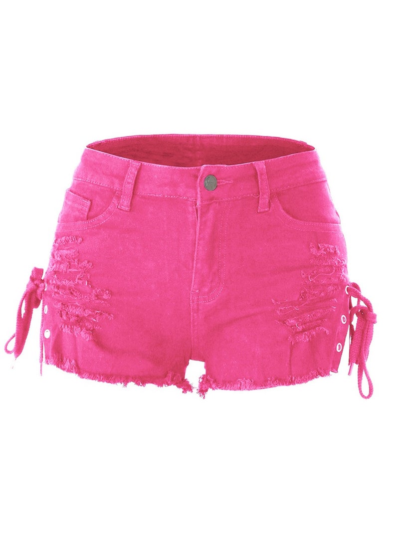 Loquat Mid-rise Split Bandage With Ripped Tassels For Women's Denim Shorts  - Image 1