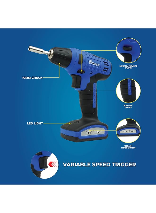 VTOOLS 12V Cordless Drill Driver With 13 Piece Bits Set 850 Rpm With Built In Lithium Ion 1.5Ah Battery 16Nm Torque 10Mm Chuck For Efficient Drilling And Fastening 2 Years Vt1216 - Image 2