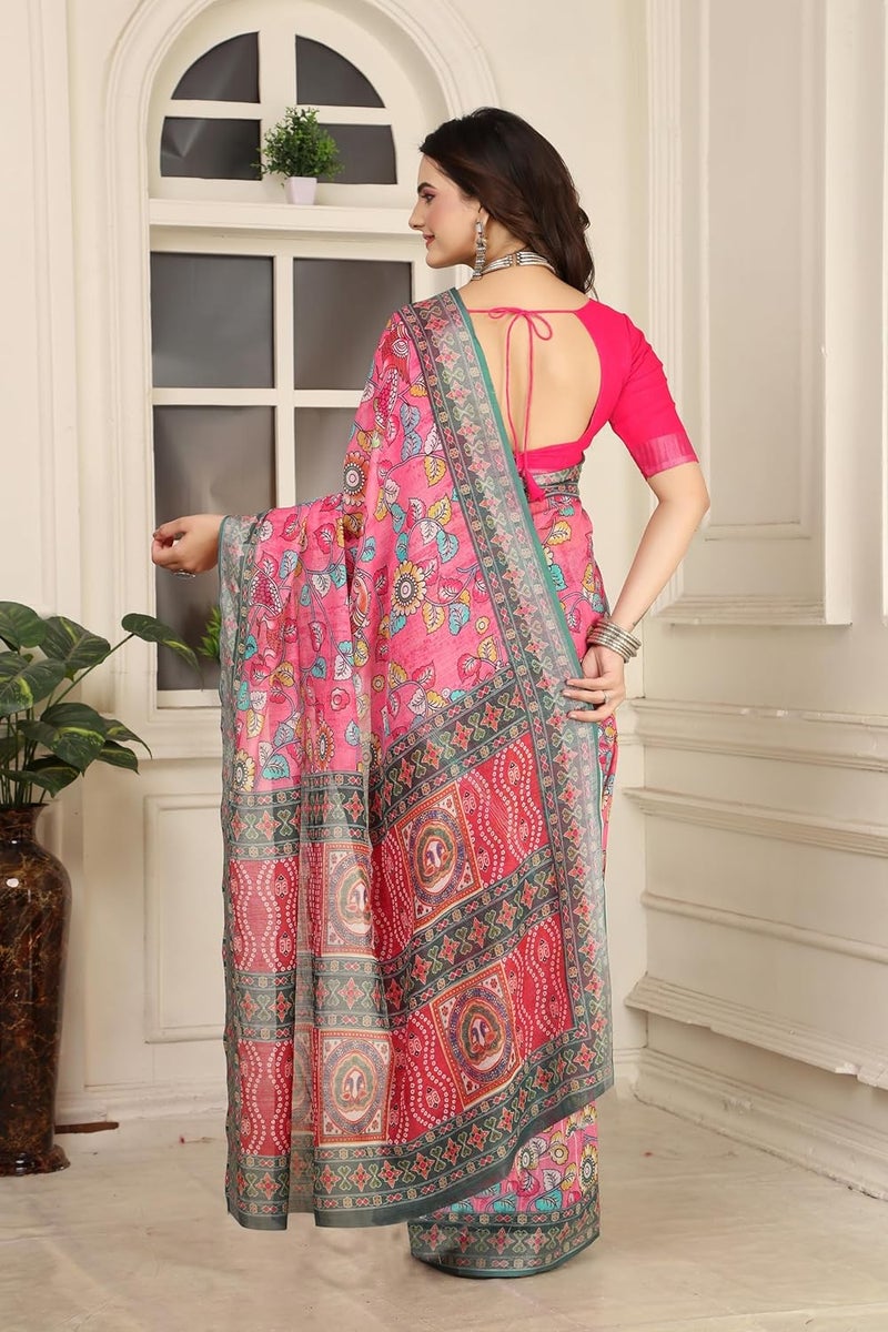 Sidhidata ساري سيدي داتا النسائي المطبوعة رقمياً من مزيج القطن والكتان مع قطعة بلوزة غير مخيطة باللون الوردي الداكن ومتعدد الألوان - Image 5