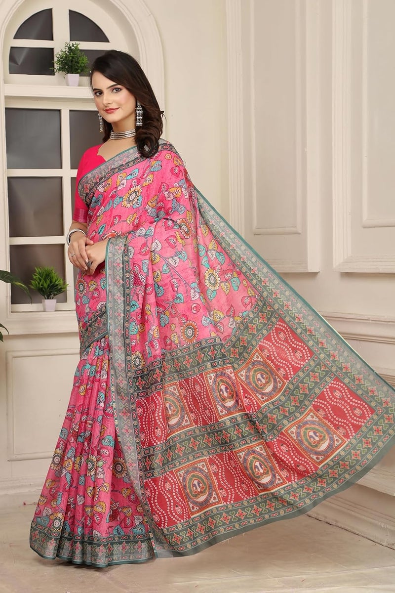 Sidhidata ساري سيدي داتا النسائي المطبوعة رقمياً من مزيج القطن والكتان مع قطعة بلوزة غير مخيطة باللون الوردي الداكن ومتعدد الألوان - Image 3