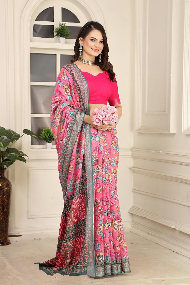 Sidhidata ساري سيدي داتا النسائي المطبوعة رقمياً من مزيج القطن والكتان مع قطعة بلوزة غير مخيطة باللون الوردي الداكن ومتعدد الألوان - Image 4