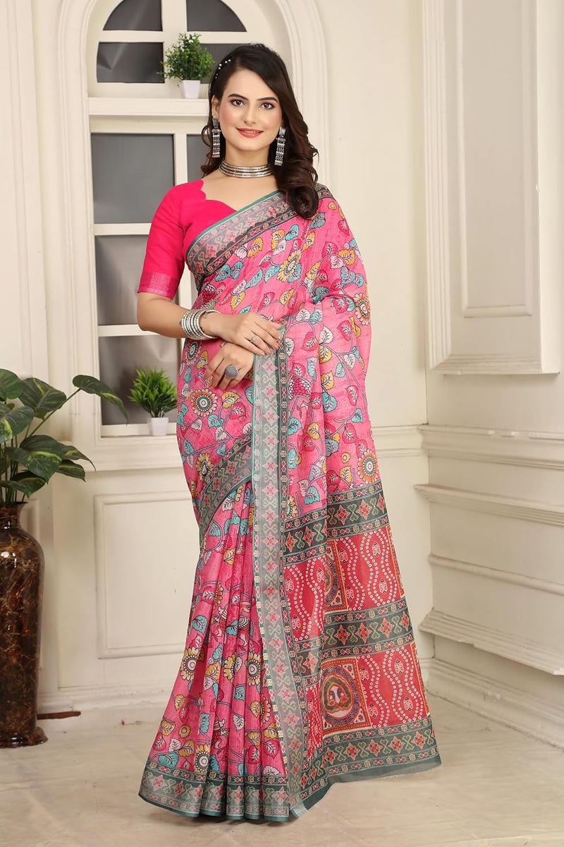 Sidhidata ساري سيدي داتا النسائي المطبوعة رقمياً من مزيج القطن والكتان مع قطعة بلوزة غير مخيطة باللون الوردي الداكن ومتعدد الألوان - Image 2