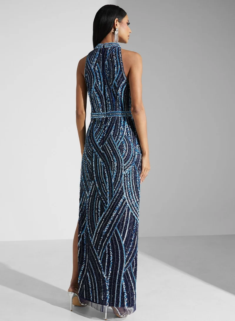 AIDAN MATTOX Side Slit Embroidery Dress