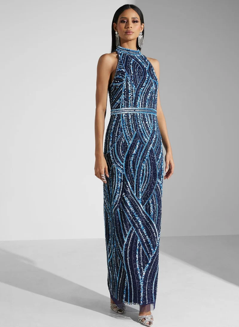 AIDAN MATTOX Side Slit Embroidery Dress