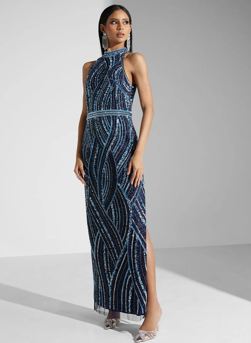 AIDAN MATTOX Side Slit Embroidery Dress