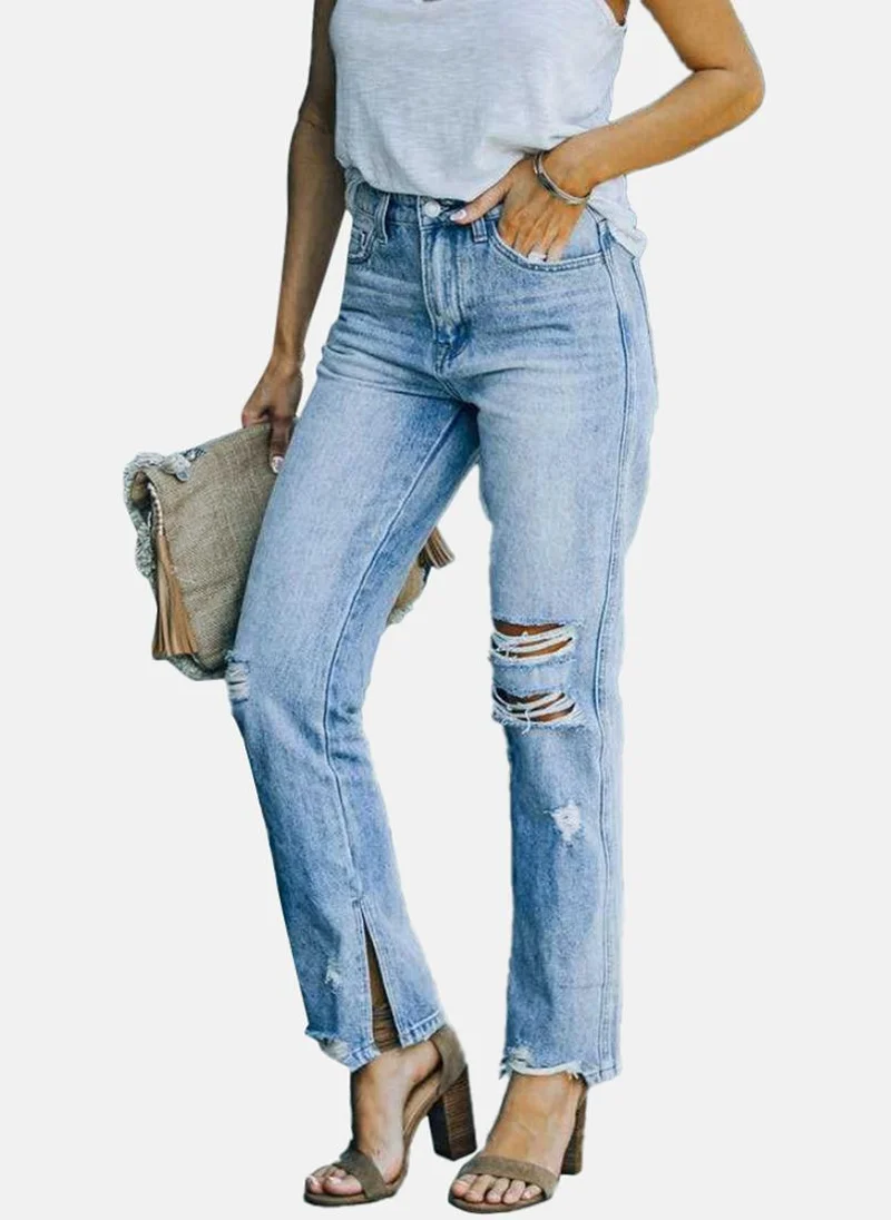 YUNIQEE Blue Straight Fit Highly Distressed High-Rise Jeans