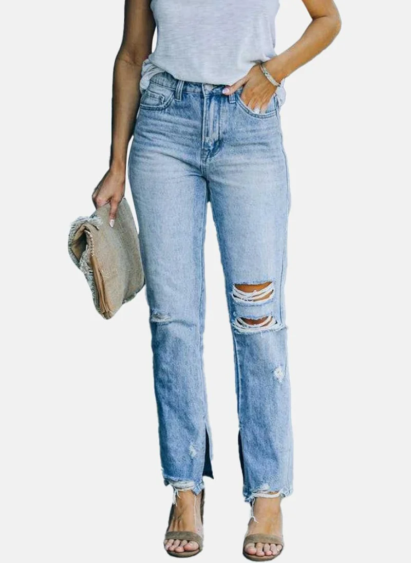 YUNIQEE Blue Straight Fit Highly Distressed High-Rise Jeans