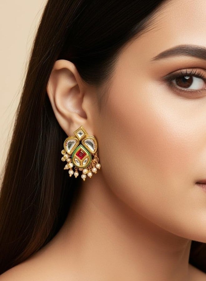 Bevogue Handcrafted Kundan Pearl Drop Earrings Brass Gold Plated Green Red Stone Statement Jewelry | Trendy Ethnic Party Gift for Women & Girls (ER3747) - Image 2
