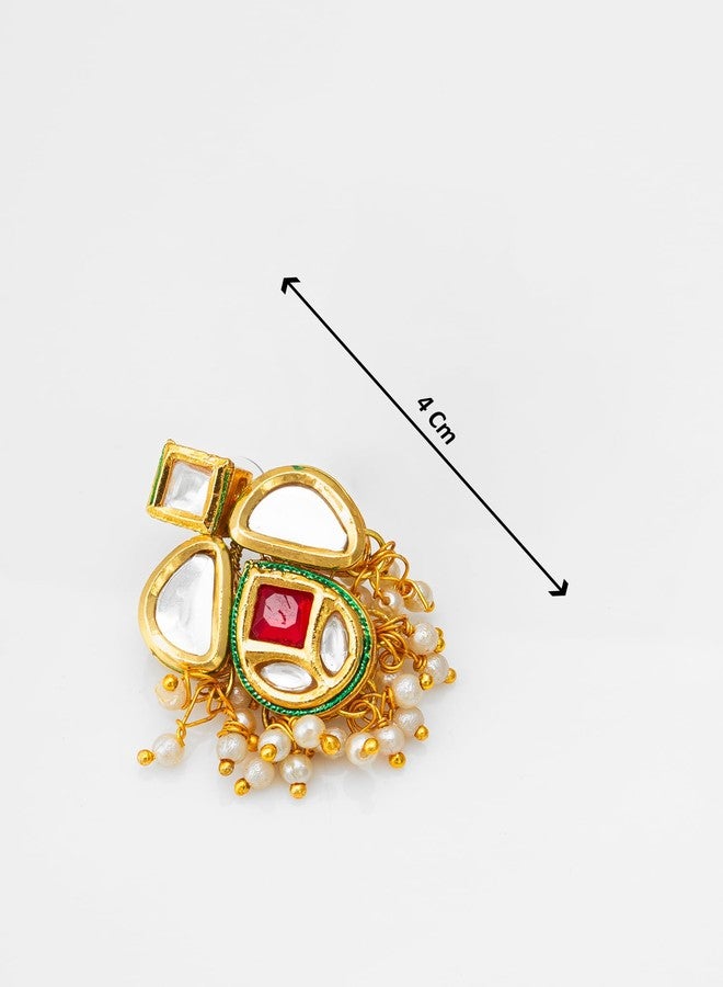 Bevogue Handcrafted Kundan Pearl Drop Earrings Brass Gold Plated Green Red Stone Statement Jewelry | Trendy Ethnic Party Gift for Women & Girls (ER3747) - Image 4