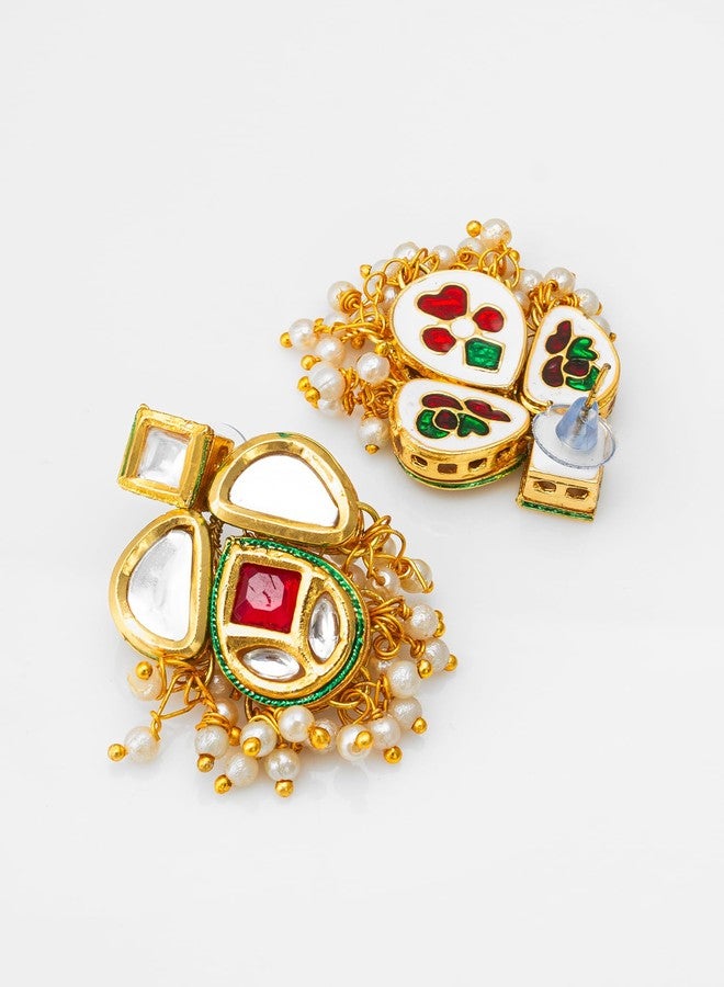 Bevogue Handcrafted Kundan Pearl Drop Earrings Brass Gold Plated Green Red Stone Statement Jewelry | Trendy Ethnic Party Gift for Women & Girls (ER3747) - Image 3