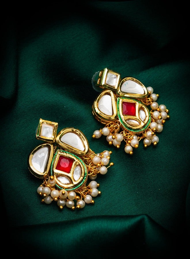 Bevogue Handcrafted Kundan Pearl Drop Earrings Brass Gold Plated Green Red Stone Statement Jewelry | Trendy Ethnic Party Gift for Women & Girls (ER3747) - Image 5
