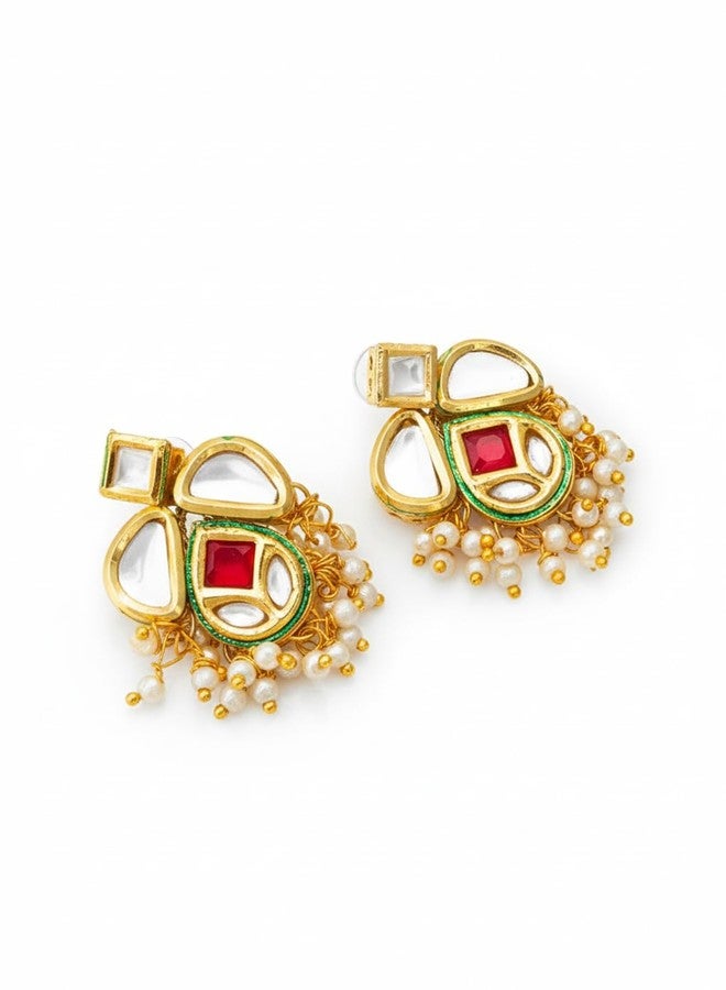 Bevogue Handcrafted Kundan Pearl Drop Earrings Brass Gold Plated Green Red Stone Statement Jewelry | Trendy Ethnic Party Gift for Women & Girls (ER3747) - Image 1