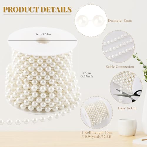 AdasBridal 8mm Pearls for Crafting, 33 Feet Fake Pearl Beads String Beaded Garland Roll Stand Decorative for Party Wedding Valentine Christmas Tree, Ivory - Image 2