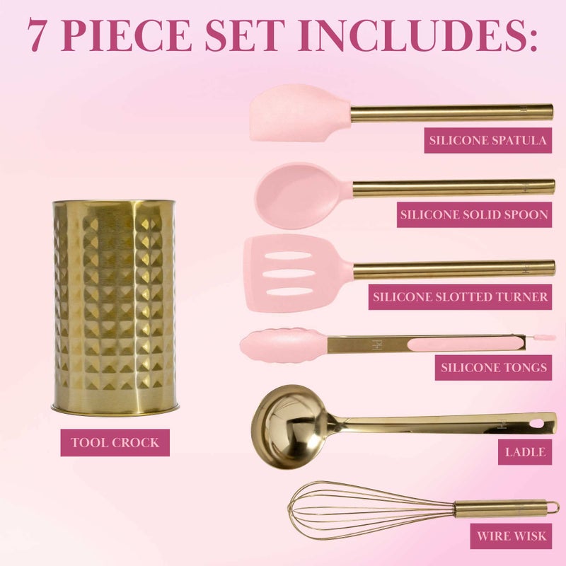 Paris Hilton Kitchen Set Tool Crock with Silicone Cooking Utensils, Stainless Steel Whisk and Ladle, 7-Piece, Pink and Gold - Image 4