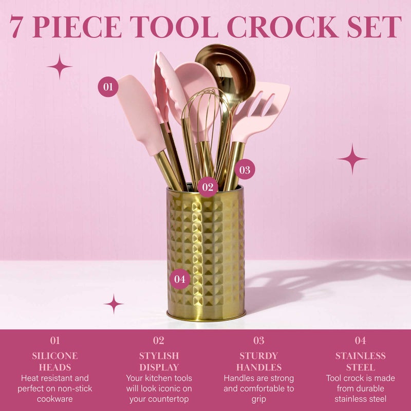 Paris Hilton Kitchen Set Tool Crock with Silicone Cooking Utensils, Stainless Steel Whisk and Ladle, 7-Piece, Pink and Gold - Image 3