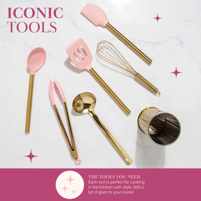 Paris Hilton Kitchen Set Tool Crock with Silicone Cooking Utensils, Stainless Steel Whisk and Ladle, 7-Piece, Pink and Gold - Image 5