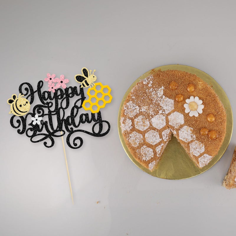 Ephlyn 1 Pack Happy Bee Day Cake Topper Bumble Bee Happy Birthday Cake Decoration for Bee Theme Baby Shower Kids Boys Girls Birthday Party Cake Decorations Supplies Black - Image 3