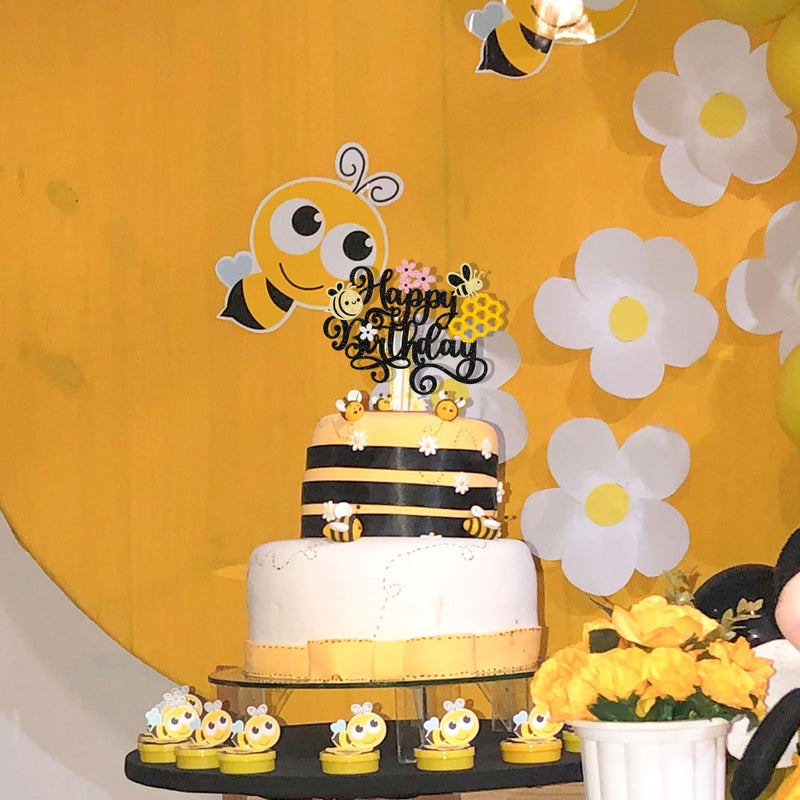 Ephlyn 1 Pack Happy Bee Day Cake Topper Bumble Bee Happy Birthday Cake Decoration for Bee Theme Baby Shower Kids Boys Girls Birthday Party Cake Decorations Supplies Black - Image 4