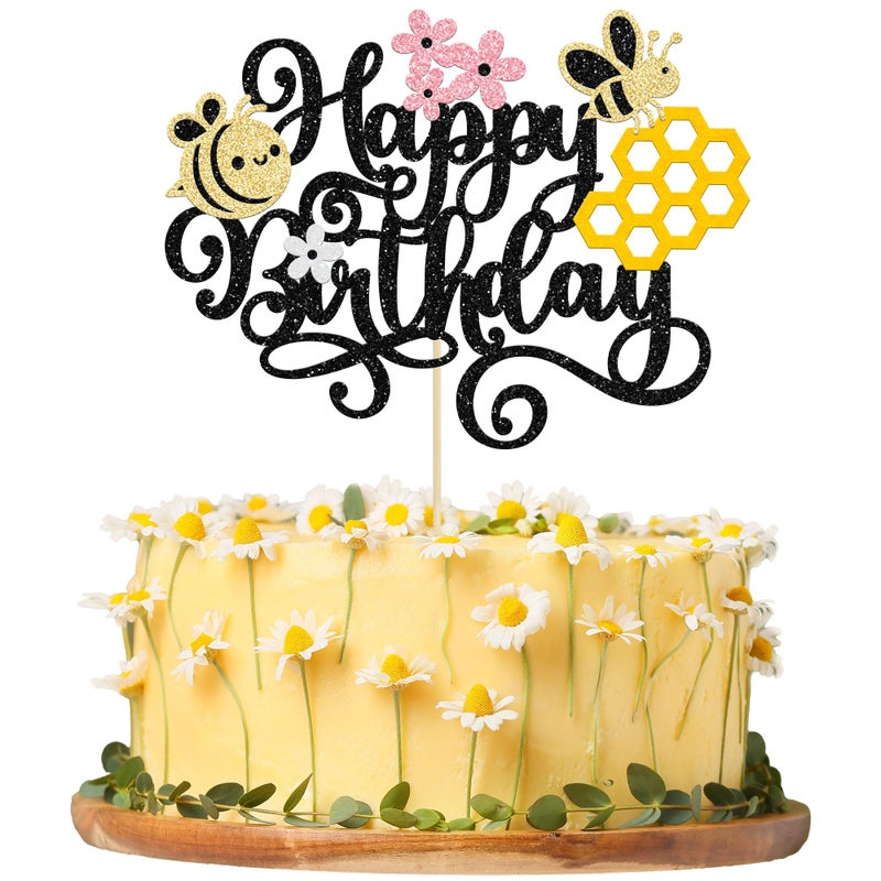 Ephlyn 1 Pack Happy Bee Day Cake Topper Bumble Bee Happy Birthday Cake Decoration for Bee Theme Baby Shower Kids Boys Girls Birthday Party Cake Decorations Supplies Black - Image 1