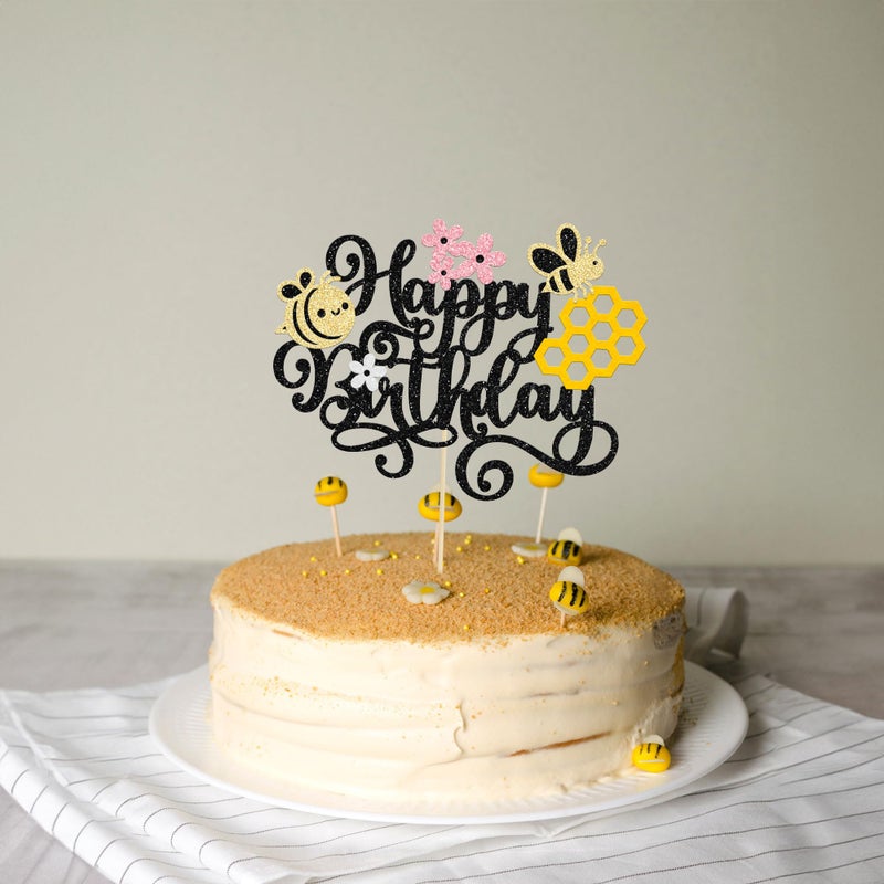Ephlyn 1 Pack Happy Bee Day Cake Topper Bumble Bee Happy Birthday Cake Decoration for Bee Theme Baby Shower Kids Boys Girls Birthday Party Cake Decorations Supplies Black - Image 5
