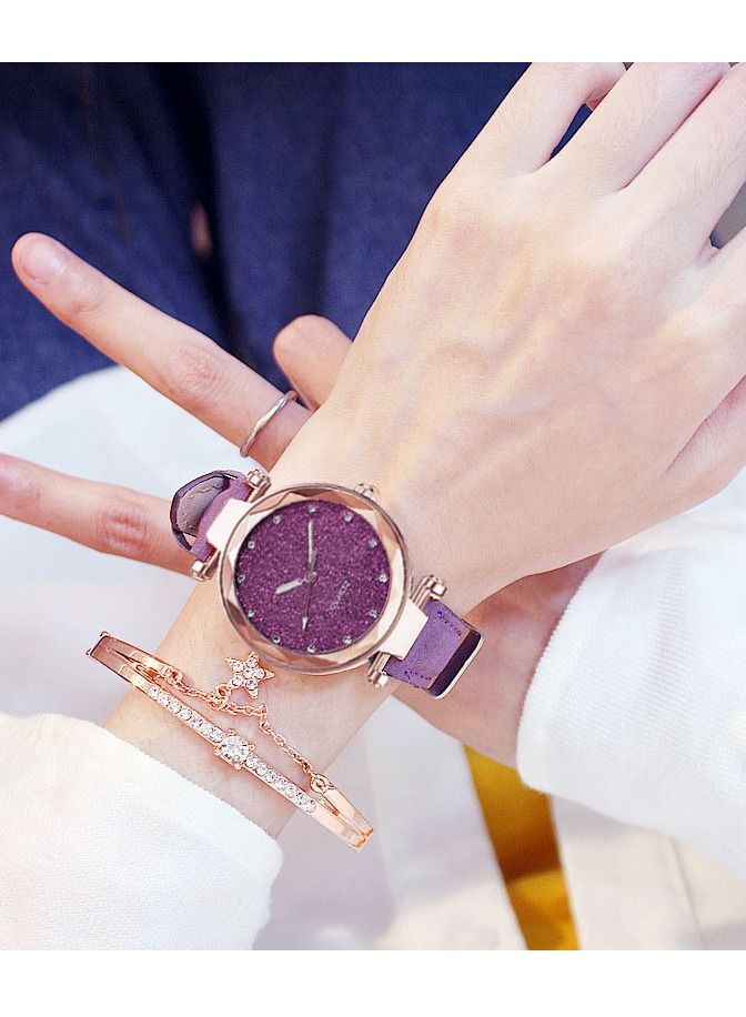 Women's rhinestones watch frosted leather strap casual trend watch bracelet two piece set  - Image 3