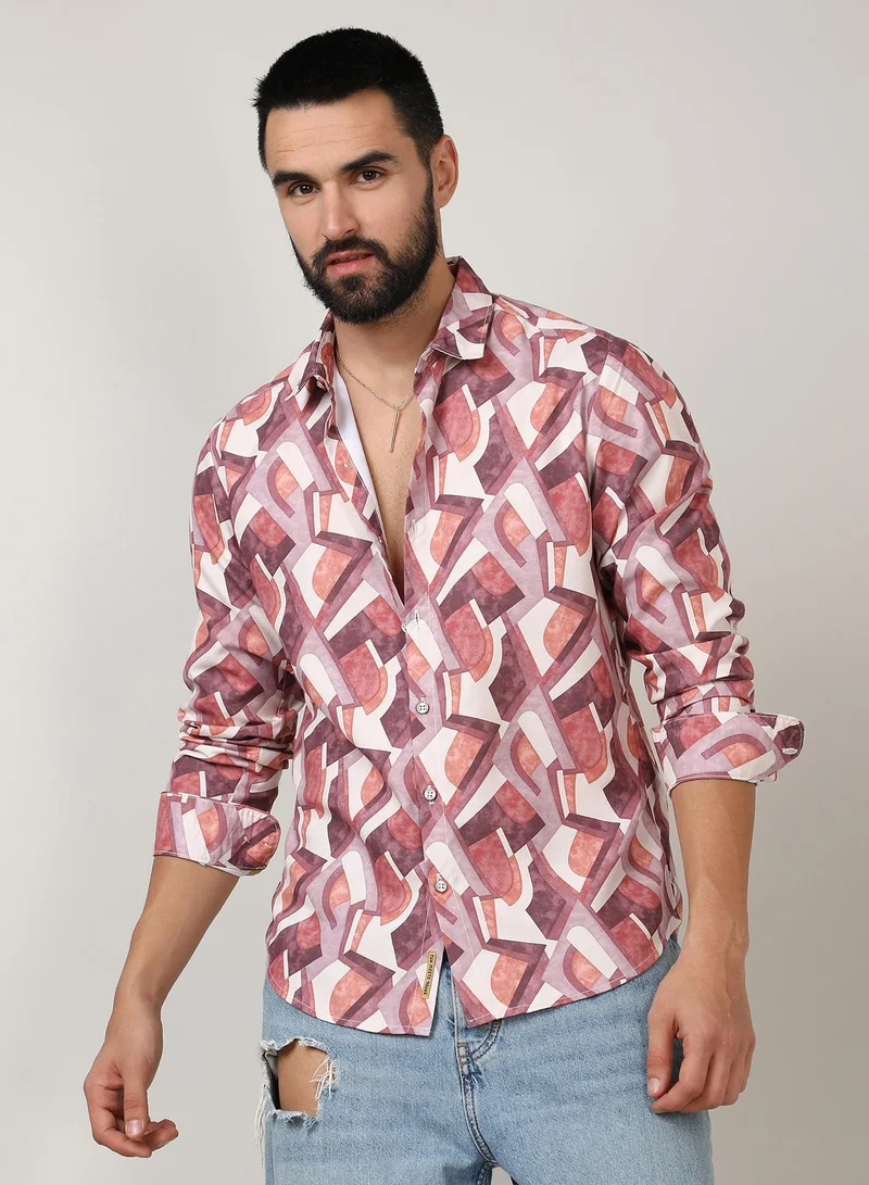 Men's Pale Yellow & Sienna Brown Abstract Block Shirt
