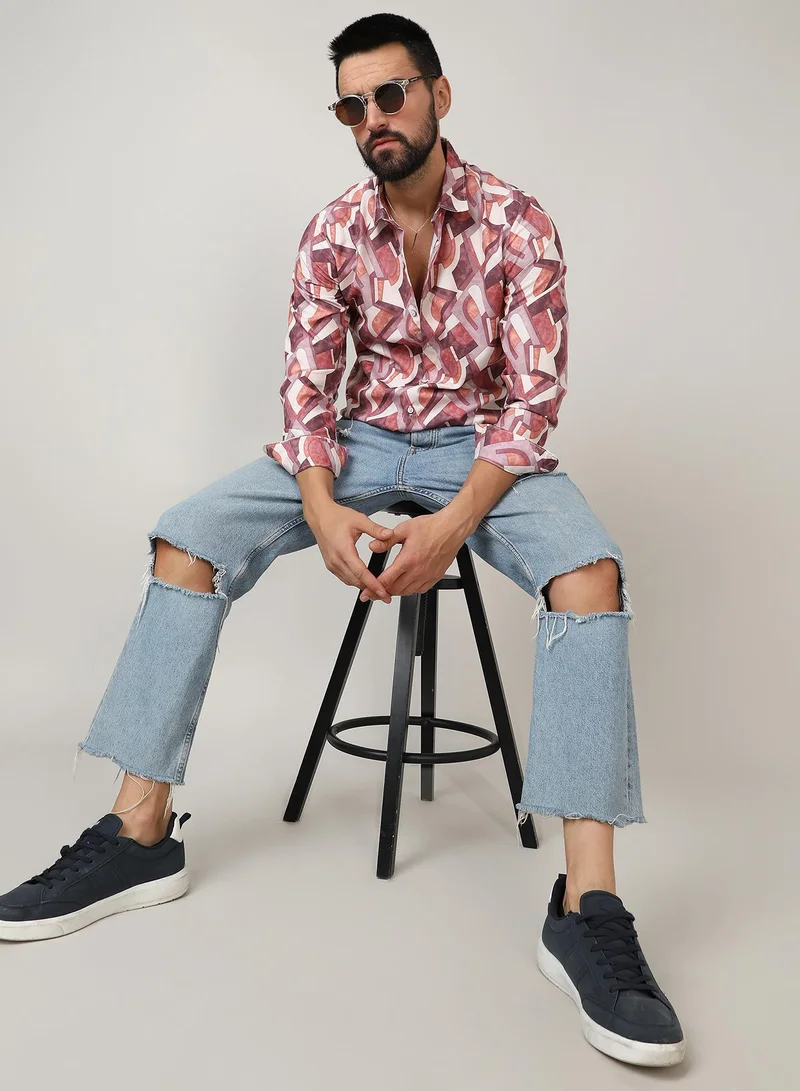 CAHOOT  Men's Pale Yellow & Sienna Brown Abstract Block Shirt for Men | Best Price UAE