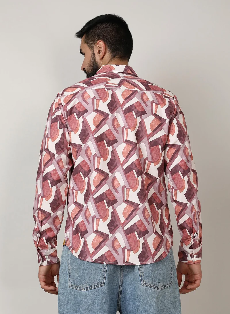 CAHOOT  Men's Pale Yellow & Sienna Brown Abstract Block Shirt for Men | Best Price UAE