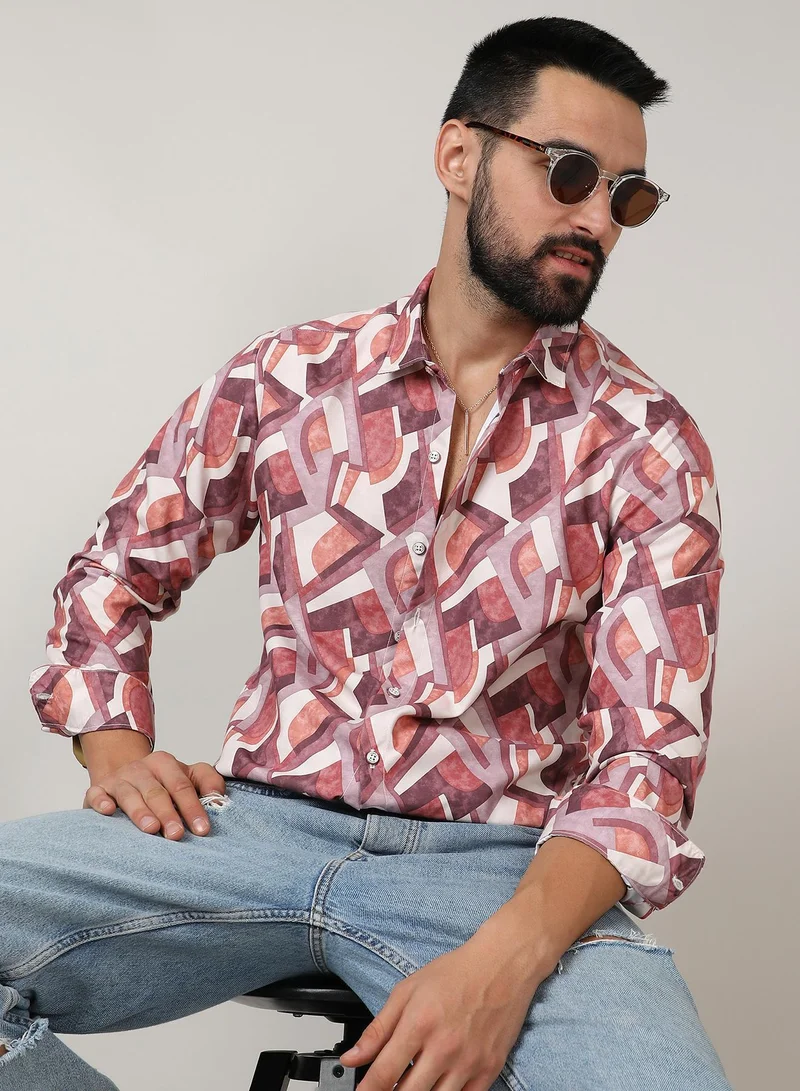 CAHOOT Men's Pale Yellow & Sienna Brown Abstract Block Shirt