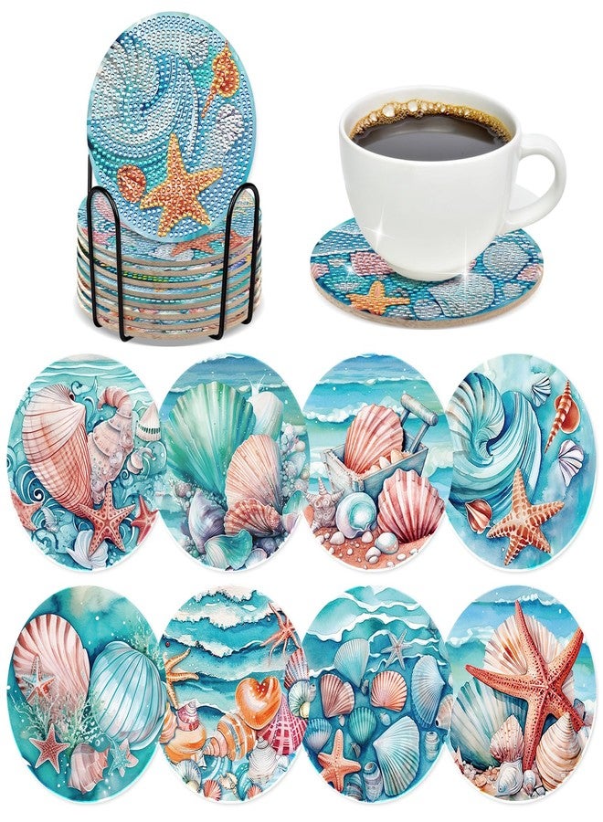 INCOK Ocean Diamond Painting Coasters - 8 PCS DIY Diamond Art Coasters Kits with Shell Starfish Conch Pattern Art Craft Supplies Home Table Decor Birthday Gift for Beginners Adults - Image 1