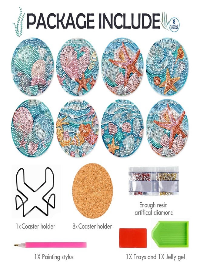 INCOK Ocean Diamond Painting Coasters - 8 PCS DIY Diamond Art Coasters Kits with Shell Starfish Conch Pattern Art Craft Supplies Home Table Decor Birthday Gift for Beginners Adults - Image 4