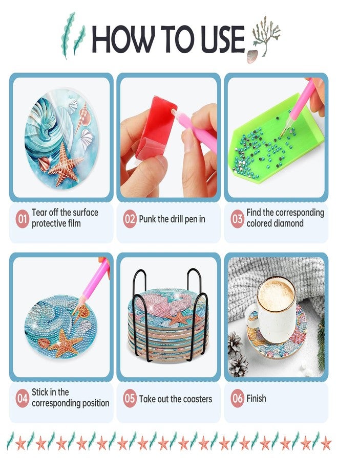 INCOK Ocean Diamond Painting Coasters - 8 PCS DIY Diamond Art Coasters Kits with Shell Starfish Conch Pattern Art Craft Supplies Home Table Decor Birthday Gift for Beginners Adults - Image 3