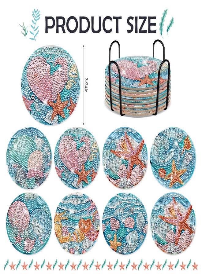 INCOK Ocean Diamond Painting Coasters - 8 PCS DIY Diamond Art Coasters Kits with Shell Starfish Conch Pattern Art Craft Supplies Home Table Decor Birthday Gift for Beginners Adults - Image 2