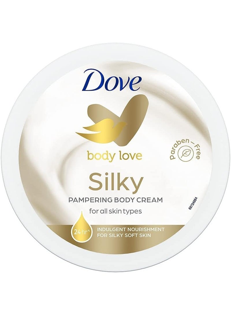 دوف بودي لوف سيلكي، كريم للجسم فاخر لجميع أنواع البشرة، خالٍ من البارابين، ترطيب يدوم 24 ساعة مع مرطب نباتي، لبشرة ناعمة كالحرير، 300 غرام. - Image 2