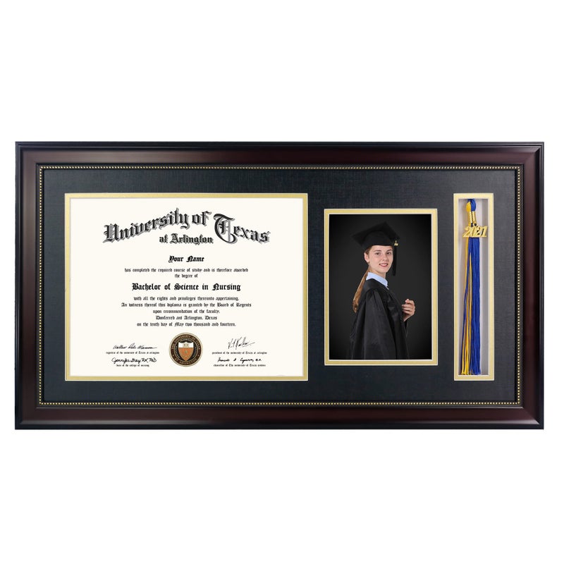GraduationMall 11x22 Mahogany Diploma Frame with Tassel Holder and Picture for 85x11 Certificate 5x7 PhotoReal GlassBlack over Gold Mat