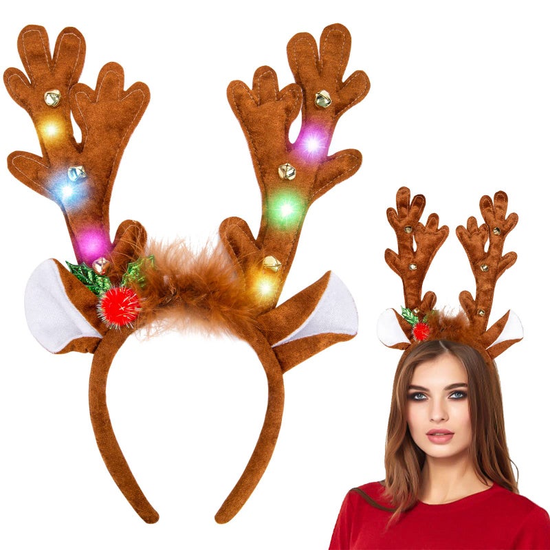 MCPINKY Reindeer Antlers Headband LED Deer Antlers Headband with Bells Light Up Christmas Reindeer Hairband Reindeer Ears Headband for Kids Adult Christmas Cosplay Party Favors - Image 2