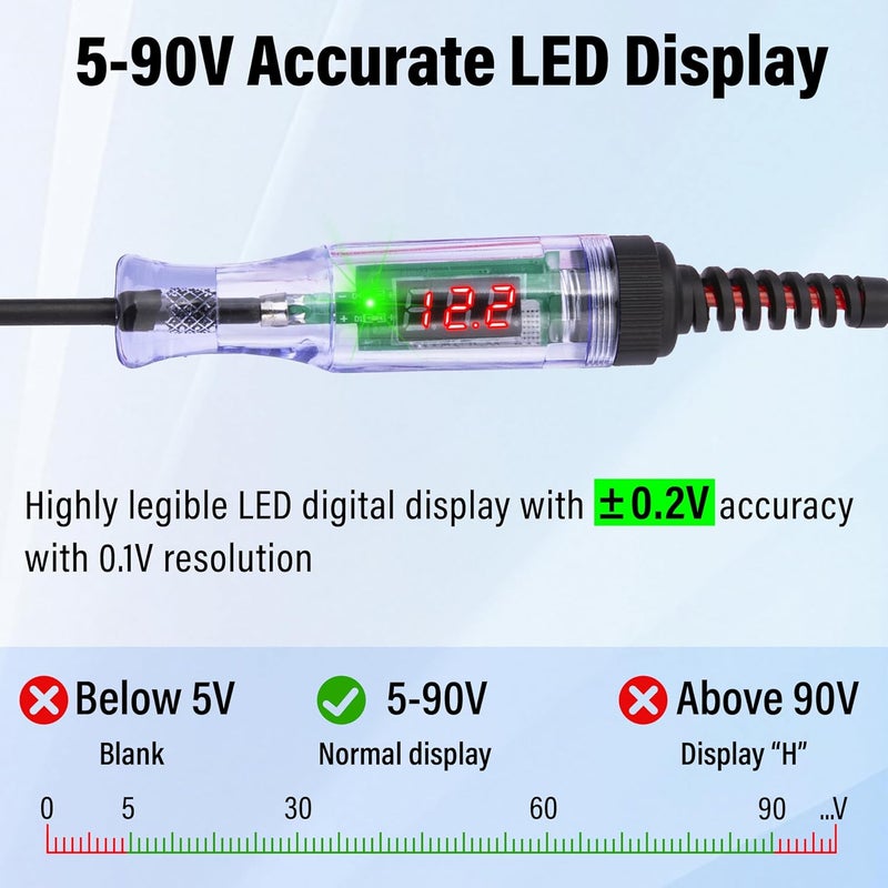 ecocstm Automotive Test Light with Voltmeter, 5-90V DC Digital LED Car Fuse Tester, Auto Bidirectional Circuit Tester Automotive, Timing Light Power Tester with Extended Spring Wire & Probe for Car/RV - Image 2