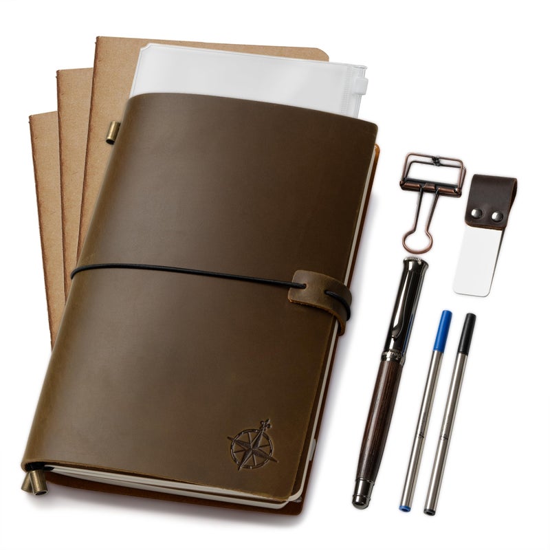 WANDERINGS A5 Travelers Notebook Bundle 6 x 85 15 x 22cm Genuine Leather Journal with Pen Holder Pen 2 Ink Refills PVC Folder Binder Clip - Image 2