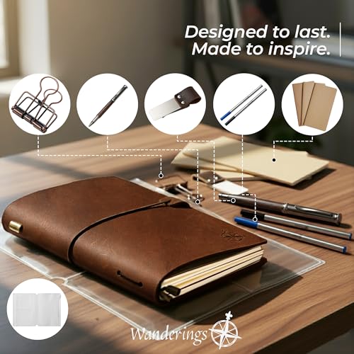 WANDERINGS A5 Travelers Notebook Bundle 6 x 85 15 x 22cm Genuine Leather Journal with Pen Holder Pen 2 Ink Refills PVC Folder Binder Clip - Image 3